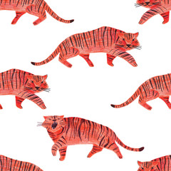 Seamless pattern with red crouching tigers