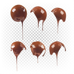 A set of molten liquid chocolate covering a sphere. Vector 3d realistic illustration isolated on white transparent background.