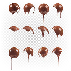 Big set of chocolate round shapes isolated on white transparent background. Vector 3d realistic illustration of chocolate liquid dessert. Sweet chocolate element.