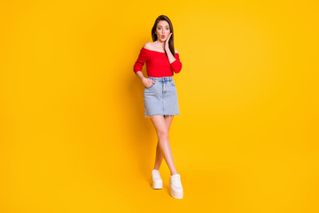 Fototapeta na wymiar Full length body size view of her she nice attractive lovely cute slender amazed girlish cheerful girl pout lips incredible news isolated over bright vivid shine vibrant yellow color background