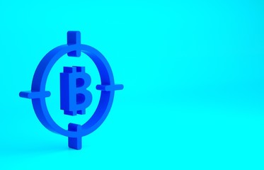Blue Bitcoin in the target icon isolated on blue background. Investment target icon. Minimalism concept. 3d illustration 3D render.