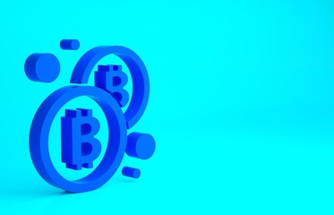 Blue Cryptocurrency coin Bitcoin icon isolated on blue background. Physical bit coin. Blockchain based secure crypto currency. Minimalism concept. 3d illustration 3D render.