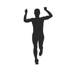 Silhouette of a running winner with his hands up