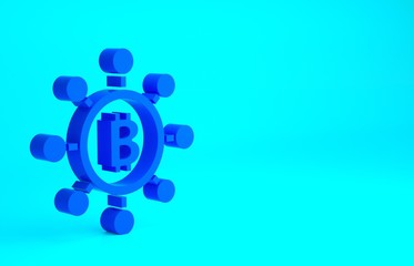 Blue Blockchain technology Bitcoin icon isolated on blue background. Abstract geometric block chain network technology business. Minimalism concept. 3d illustration 3D render.
