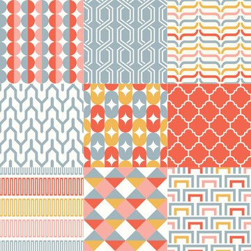 Retro abstract seamless pattern set. Modern vector repeated geometric background. Interior wallpaper