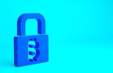 Blue Lock with bitcoin icon isolated on blue background. Cryptocurrency mining, blockchain technology, security, protect, digital money. Minimalism concept. 3d illustration 3D render.