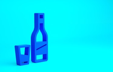 Blue Bottle of vodka with glass icon isolated on blue background. Minimalism concept. 3d illustration 3D render.