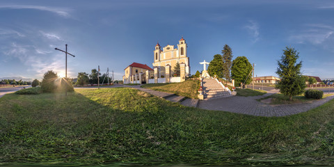 Fototapeta na wymiar Full seamless spherical hdri panorama 360 degrees angle with decorative medieval style architecture baroque church with jesus monument in equirectangular projection with zenith and nadir. vr content