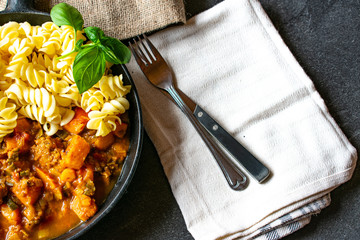 Pasta dish with pumkin and minced meat