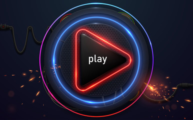 Neon play glossy button with spark effect