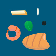 Set of food ingredients:shrimp, chicken breast, pasta, lettuce, seasoning, rice. A set of food to create illustrations of national cuisine.