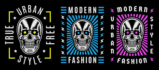 Naklejka premium Vintage white skull. Retro print for t-shirt. Modern fashion.