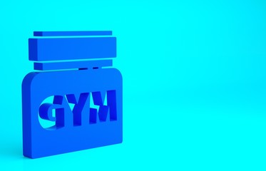 Blue Sports nutrition bodybuilding proteine power drink and food icon isolated on blue background. Minimalism concept. 3d illustration 3D render.