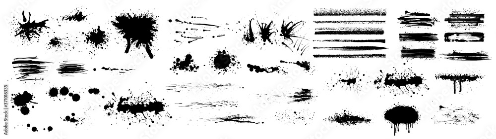 Poster ink splashes. black inked splatter dirt stain splattered spray splash with drops blots isolated. ink