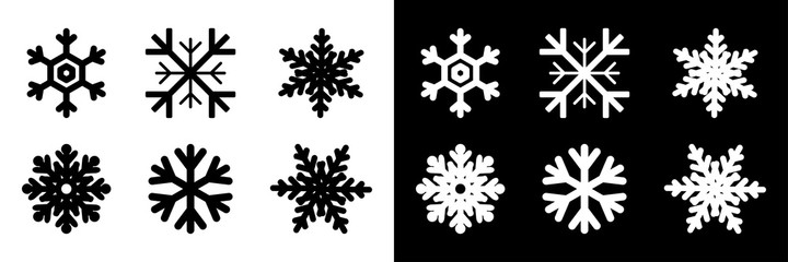 Snowflakes collection. Black and white snowflakes, isolated. Snowflake vector icons. Six different snowflakes in flat style for web design. Vector illustration