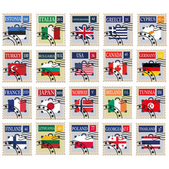Set of postage stamps from different countries with flags on the suitcase. 20 different countries. Isolated on white