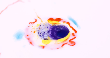 Closeup Paint with Vibrant Color Palette. Oil Mixed with Bright Yellow and Red Dye and Paint.