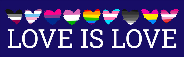 LGBTQ flags in form of heart. love is love. different types of flags