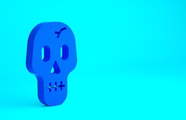 Blue Skull icon isolated on blue background. Happy Halloween party. Minimalism concept. 3d illustration 3D render.