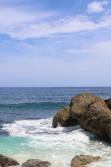 Suwehan beach on Nusa Penida Island, Bali, Indonesia. Amazing  view, white sand beach with rocky mountains and azure lagoon with clear water of Indian Ocean 