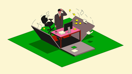 Businessman puzzled as office collapses around him