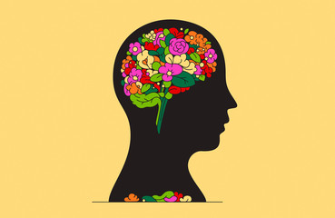 Bunch of flowers inside of man's head