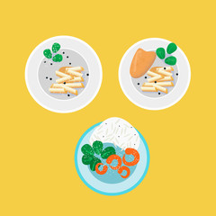 A set of dishes consisting of pasta with Basil, chicken steak, fried shrimp, rice. Illustration of plates with food for a cookbook, restaurant menu, online shopping site for ready meals