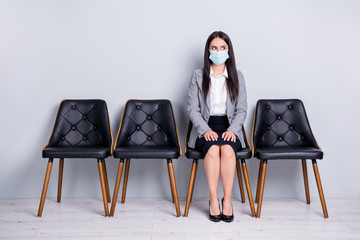 Portrait of her she attractive lady manager sitting in chair wearing safety mask mers cov influenza...
