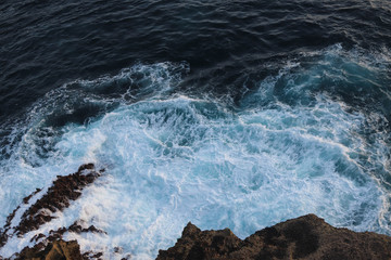 Top View of  waves at the Angel's Billabong beach on Nusa Penida Island, Bali, Indonesia. Amazing view of Indian Ocean