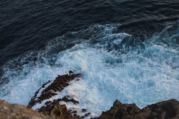 Top View of  waves at the Angel's Billabong beach on Nusa Penida Island, Bali, Indonesia. Amazing view of Indian Ocean