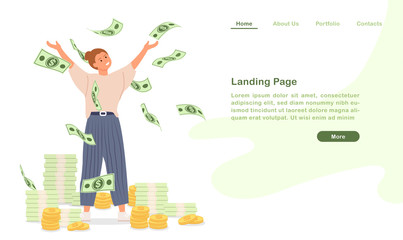 Website landing page template cartoon become rich wealthy people happy with countless money