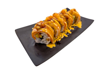 Japan food, Salmon Lava Roll Sushi in black plate, focus selective