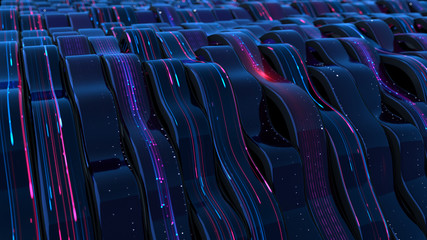 Fototapeta premium Neon light trails on wavy surface 3D rendering