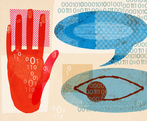 Speech bubble, eye, binary code and stop gesture