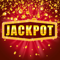 Jackpot Winner banner shining retro sign illuminated by spotlights falling coins and confetti