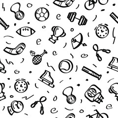 Seamless PAttern Drawn Collection Sport Hockey Dumbbell Cup Bicycle Medal Sketch Vector Design Style Background Healthy Lifestyle Fitness Illustration