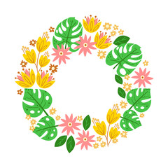 Floral summer card hand drawn layout. Decorative round border with vector tropical leaves and flowers. Illustration with copyspace in circle frame on white background.