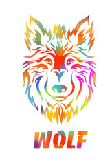 Wolf face logo emblem template mascot symbol for business or shirt design. T-shirt print. Dog sign. Mixed media.Vector Vintage Design Element.