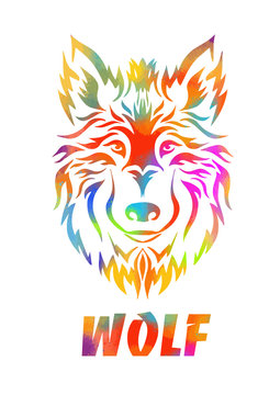 Wolf face logo emblem template mascot symbol for business or shirt design. T-shirt print. Dog sign. Mixed media.Vector Vintage Design Element.
