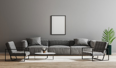 Blank black frame mock up in modern minimalist living room interior  with gray sofa, armchairs and coffee table, living room interior background, scandinavian style, modern furnished room, 3d render