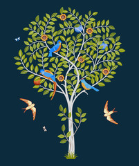 Abstract magic tree with birds. Color vector illustration