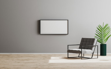 Horizontal blank empty vertical frame mock up in empty room with gray armchair and green plant, empty gray wall and wooden floor, gray room interior background, scandinavian style, 3d render