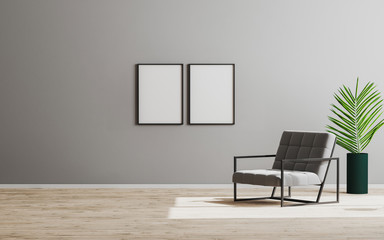Two blank empty vertical frame mock up in empty room with gray armchair and green plant, empty gray wall and wooden floor, gray room interior background, scandinavian style, 3d render