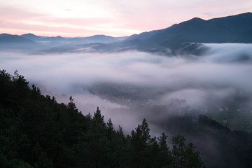 Beautiful autumn scenery of foggy valley in mountains at early morning before sunrise. Hill with trees on foreground. Fabulous sunrise on Germany, Europe. Beauty of nature concept background. 