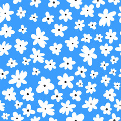 Vector seamless pattern on blue. Floral background with flowers. Natural design.