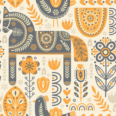 Seamless pattern in scandinavian style with horse and bird, tree, flowers, leaves, branches. Folk art. Vector nordic background with floral ornaments and animal illustrations. Home decorations.