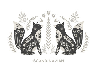 Illustration in scandinavian style with fox and floral elements: flowers, leaves, branches. Folk art. Vector nordic background with ornaments. Home decorations. Black and white.
