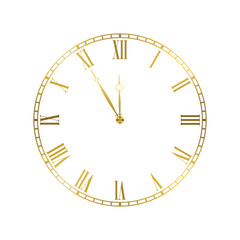 Golden elegant roman numerals clock. Luxury glossy golden clock face dial of round shape vector illustration isolated on white background