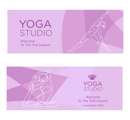 Yoga studio continuous one line vector invitation template.