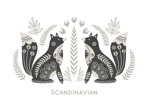 Illustration in scandinavian style with fox and floral elements: flowers, leaves, branches. Folk art. Vector nordic background with ornaments. Home decorations. Black and white.